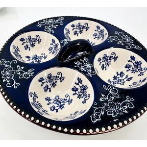Floral Lace Temptations Baking Dish Poached Egg Muffin Top Tray Cobalt Blue